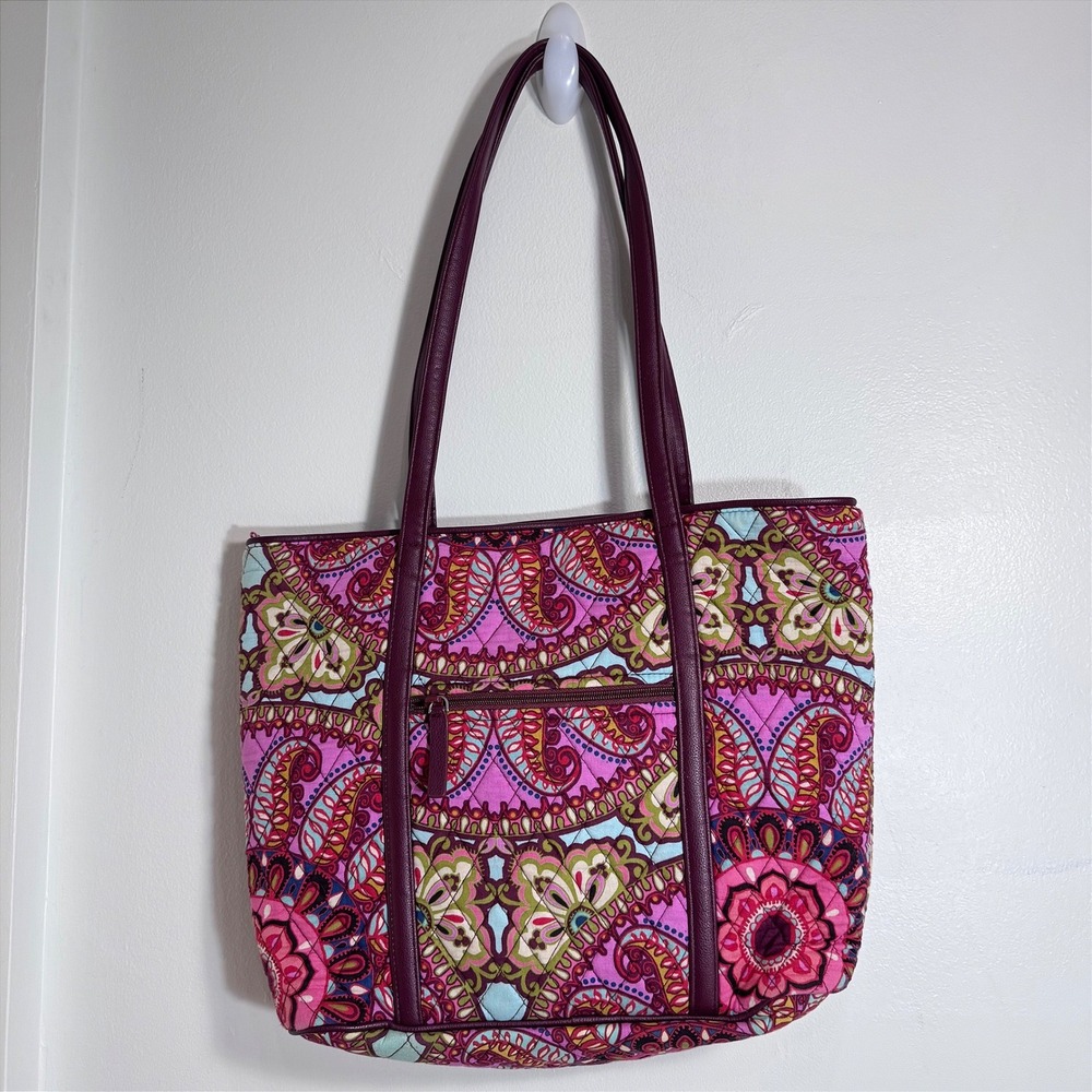 Vera Bradley Pink Paisley Quilted Cotton Tote Bag Straps Boho Festival Floral - Picture 6 of 9